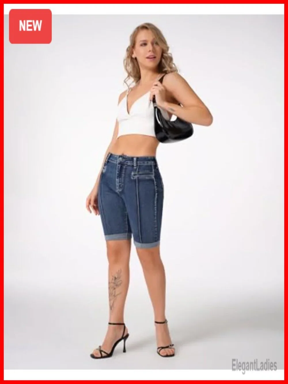 Stretchy Skinny Bermuda Jean Shorts with Front Seam